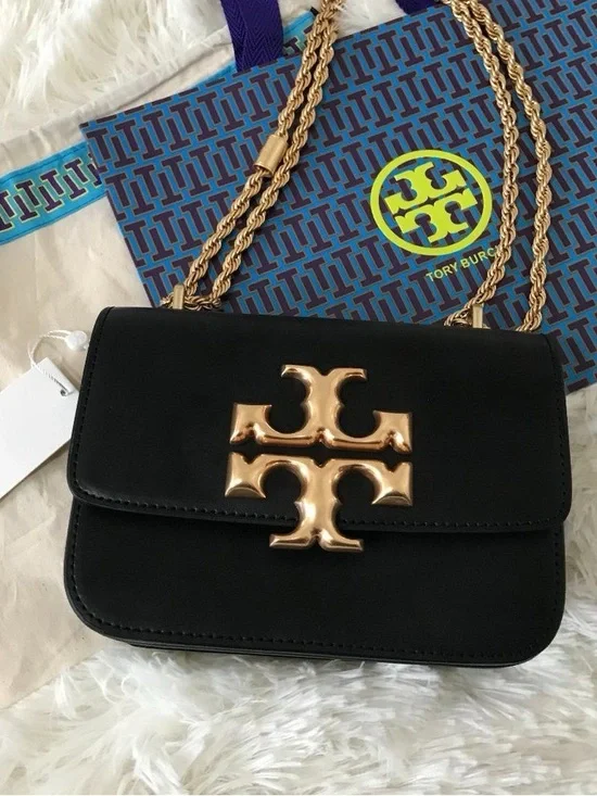 Tory Burch Black Shoulder Bag with Gold Logo and Chain - Picture 1 of 11